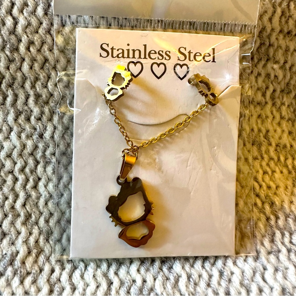 Hello Kitty Gold Tone Stainless Steel Necklace and Earrings Set